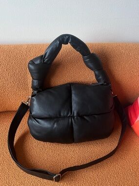 Black Puffer Shoulder Bag with Removable Strap